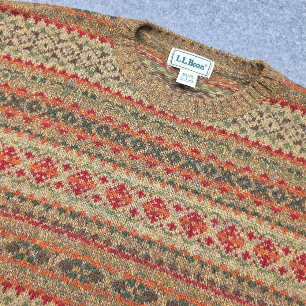 LL Bean Vintage 100% Wool Fair Isle Sweater Mens Large Made in Scotland Brown